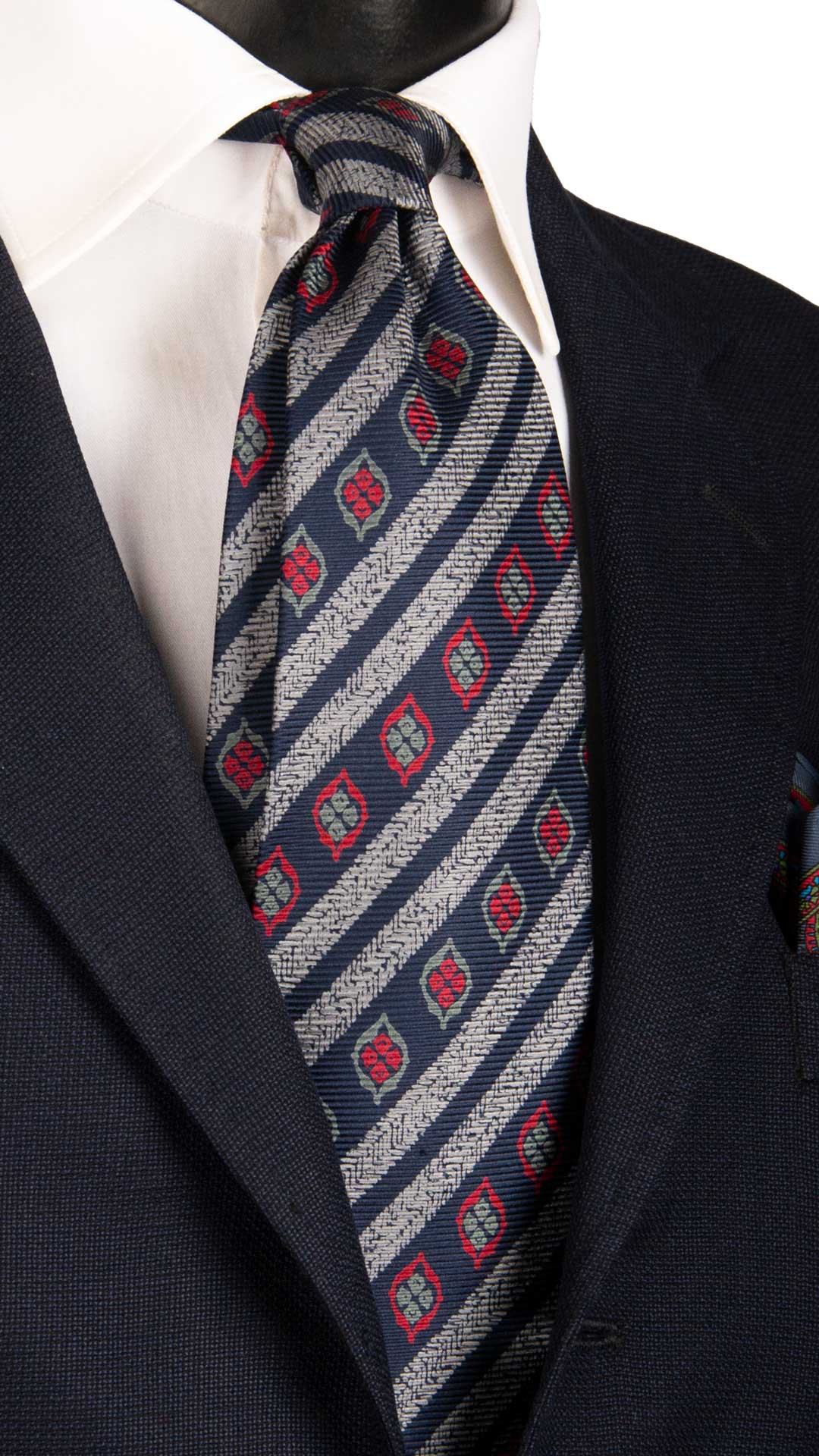 Cravatta Vintage Regimental in Saia di Seta Blu A Righe Grigio Argento Fantasia Multicolor CV842 Graffeo Cravatte Made in Italy