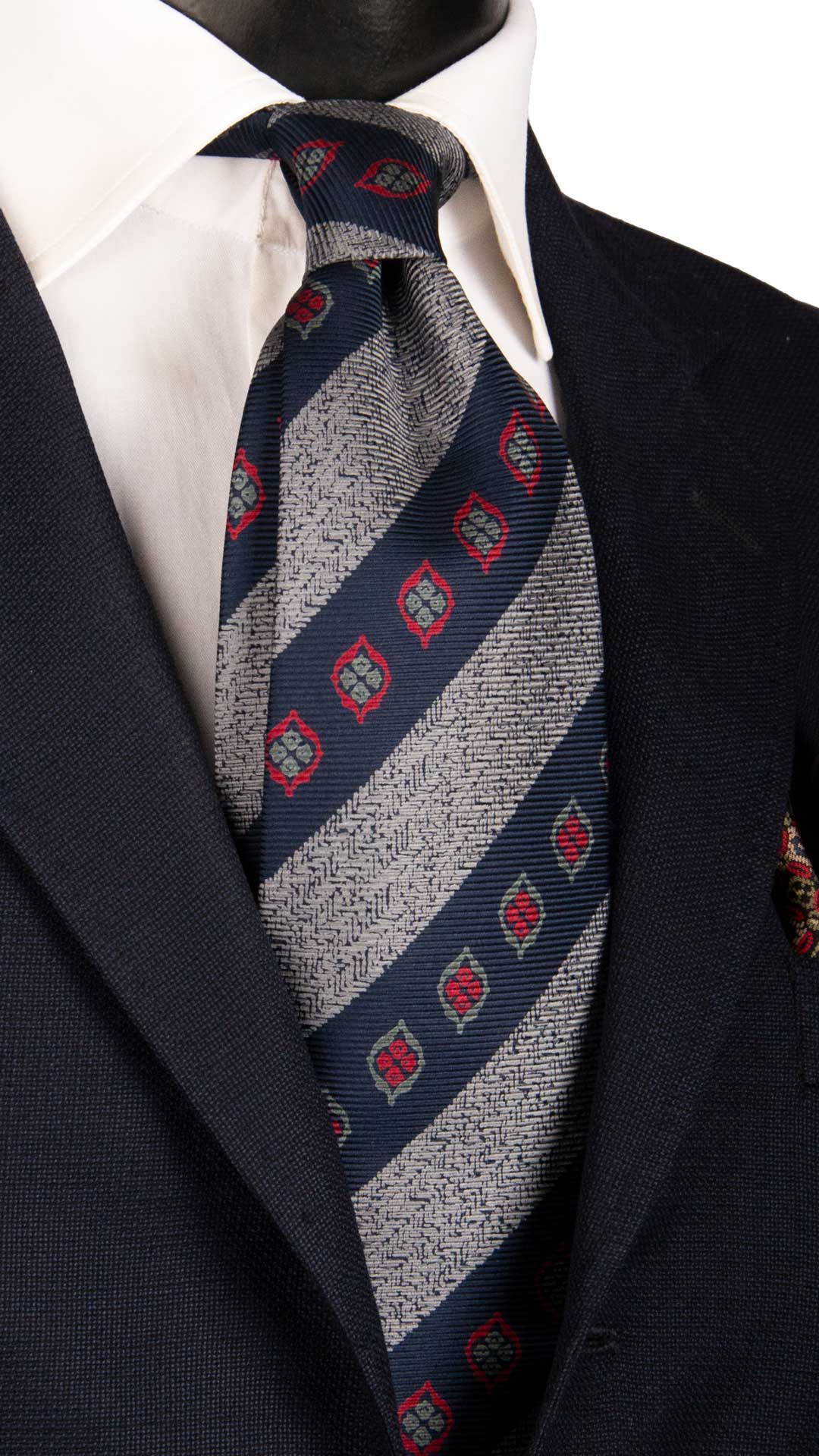 Cravatta Vintage Regimental in Saia di Seta Blu A Righe Grigio Argento Fantasia Multicolor CV848 Graffeo Cravatte Made in Italy