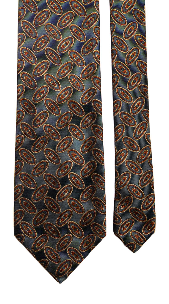 Cravatta Vintage di Seta Blu Avio Fantasia Beige Arancione Made in Italy Graffeo Cravatte Pala