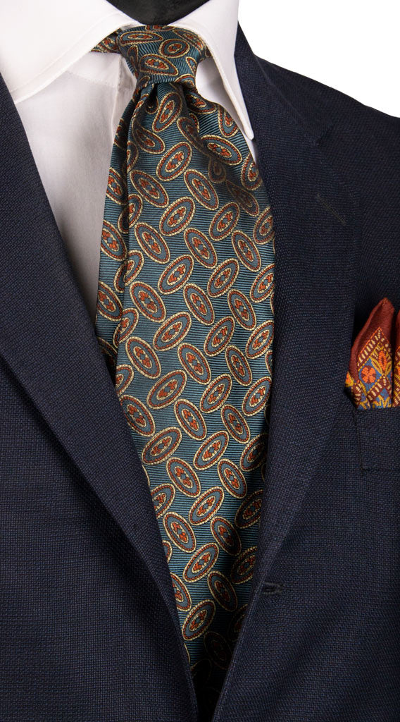 Cravatta Vintage di Seta Blu Avio Fantasia Beige Arancione Made in Italy Graffeo Cravatte