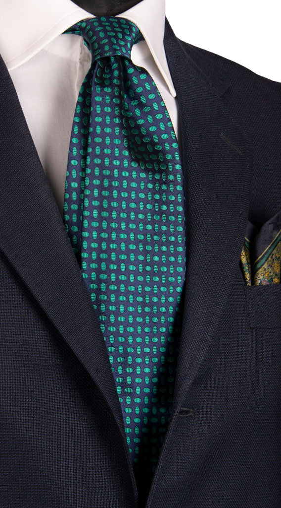 Cravatta Vintage di Seta Blu Fantasia Verde Acqua Made in Italy Graffeo Cravatte