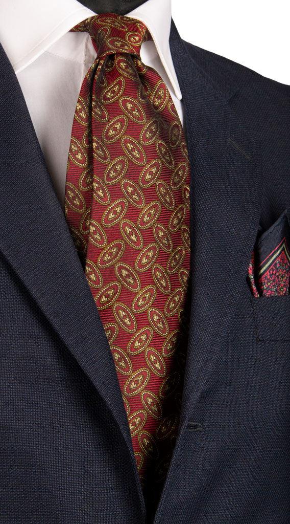 Cravatta Vintage di Seta Bordeaux Fantasia Giallo Oro Marrone Made in Italy Graffeo Cravatte