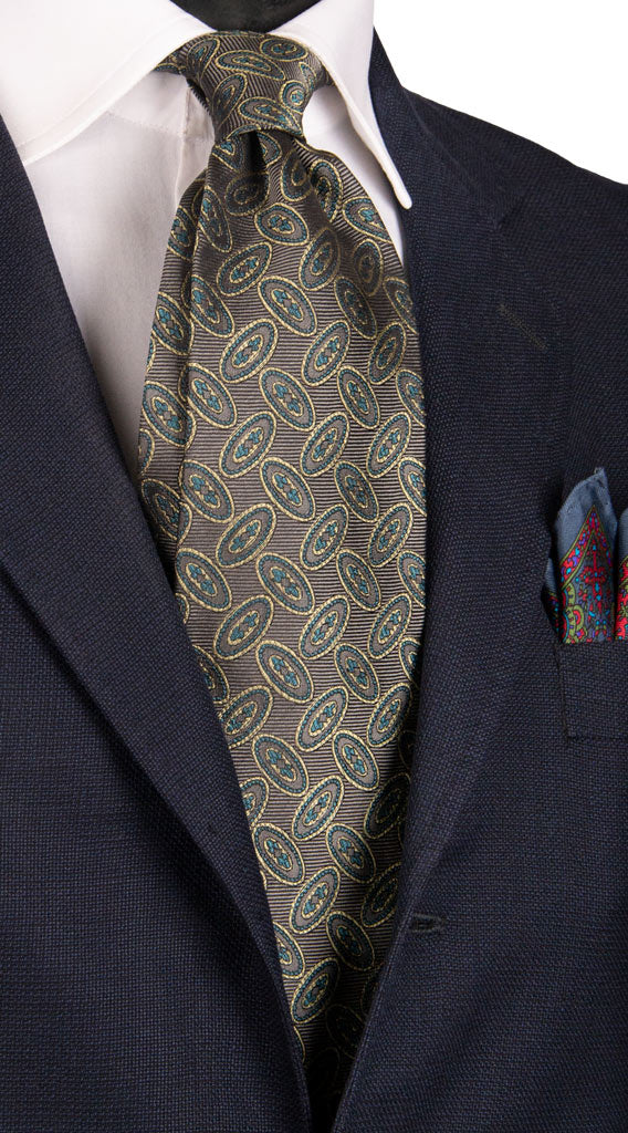 Cravatta Vintage di Seta Grigia Fantasia Beige Verde Acqua Made in Italy Graffeo Cravatte