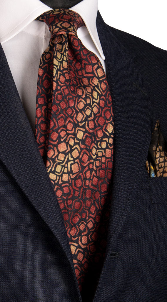 Cravatta Vintage di Seta Jacquard Blu Fantasia Bordeaux Giallo Oro Made in Italy Graffeo Cravatte