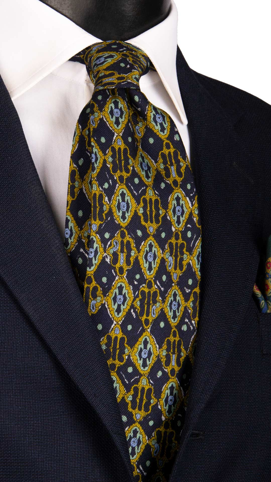 Cravatta Vintage di Seta Jacquard Blu Fantasia Multicolor CV922 Made in Italy Graffeo Cravatte