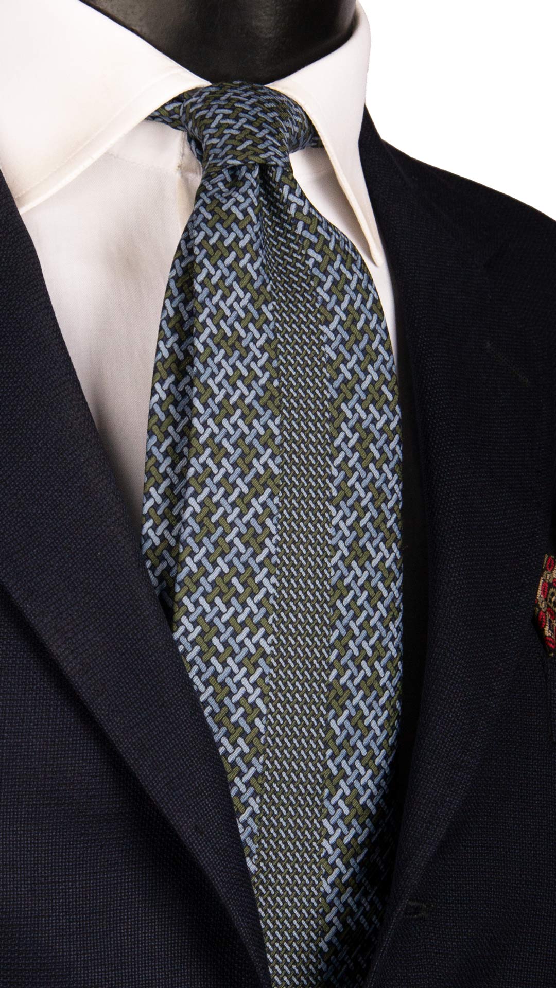 Cravatta Vintage di Seta Jacquard Blu Fantasia Verde Celeste CV1093 Made in Italy Graffeo Cravatte