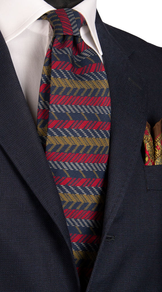 Cravatta Vintage di Seta Jacquard Blu Fantasia Verde Oliva Rosso Grigio Made in Italy Graffeo Cravatte