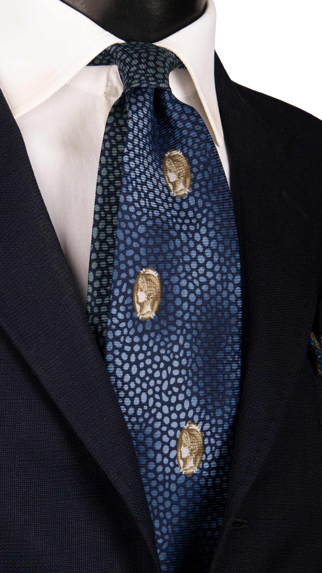 Cravatta Vintage di Seta Jacquard Blu Navy Fantasia Celeste Verde Acqua a Medaglioni Beige CV947 Made in Italy Graffeo Cravatte