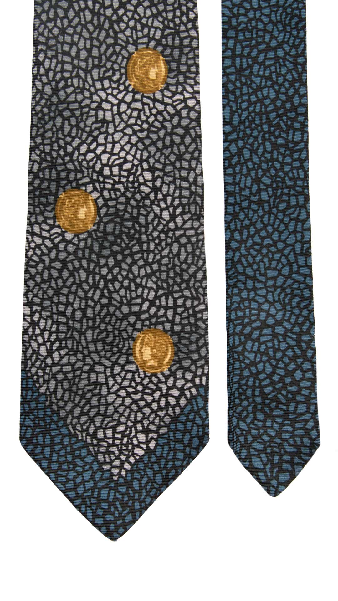 Cravatta Vintage di Seta Jacquard Blu Notte Fantasia Grigia Avio a Medaglioni Giallo Oro CV951 Made in Italy Graffeo Cravatte Pala