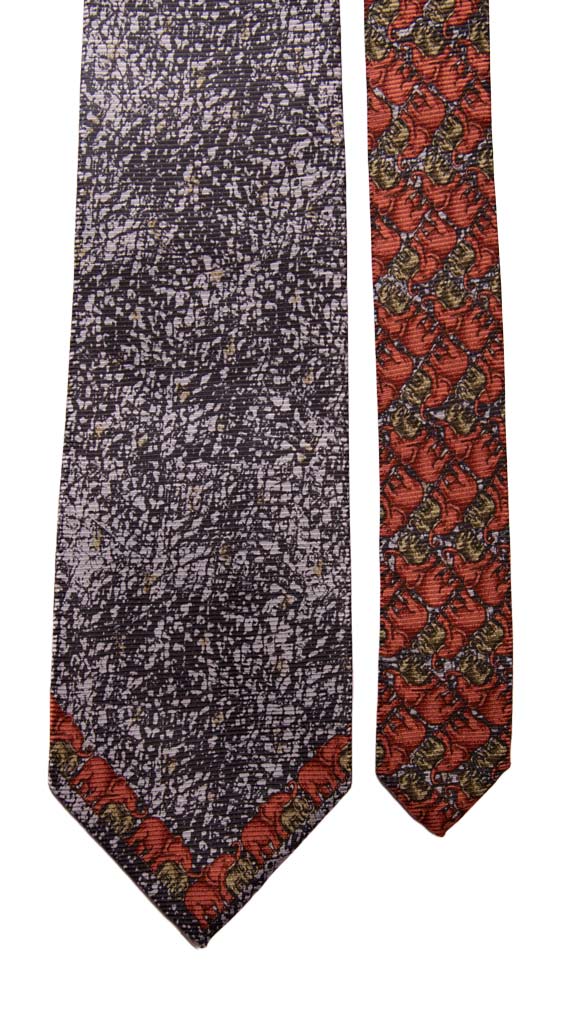 Cravatta Vintage di Seta Jacquard Blu Fantasia Multicolor Con Animali Nodo in Contrasto Made in Italy Graffeo Cravatte Pala