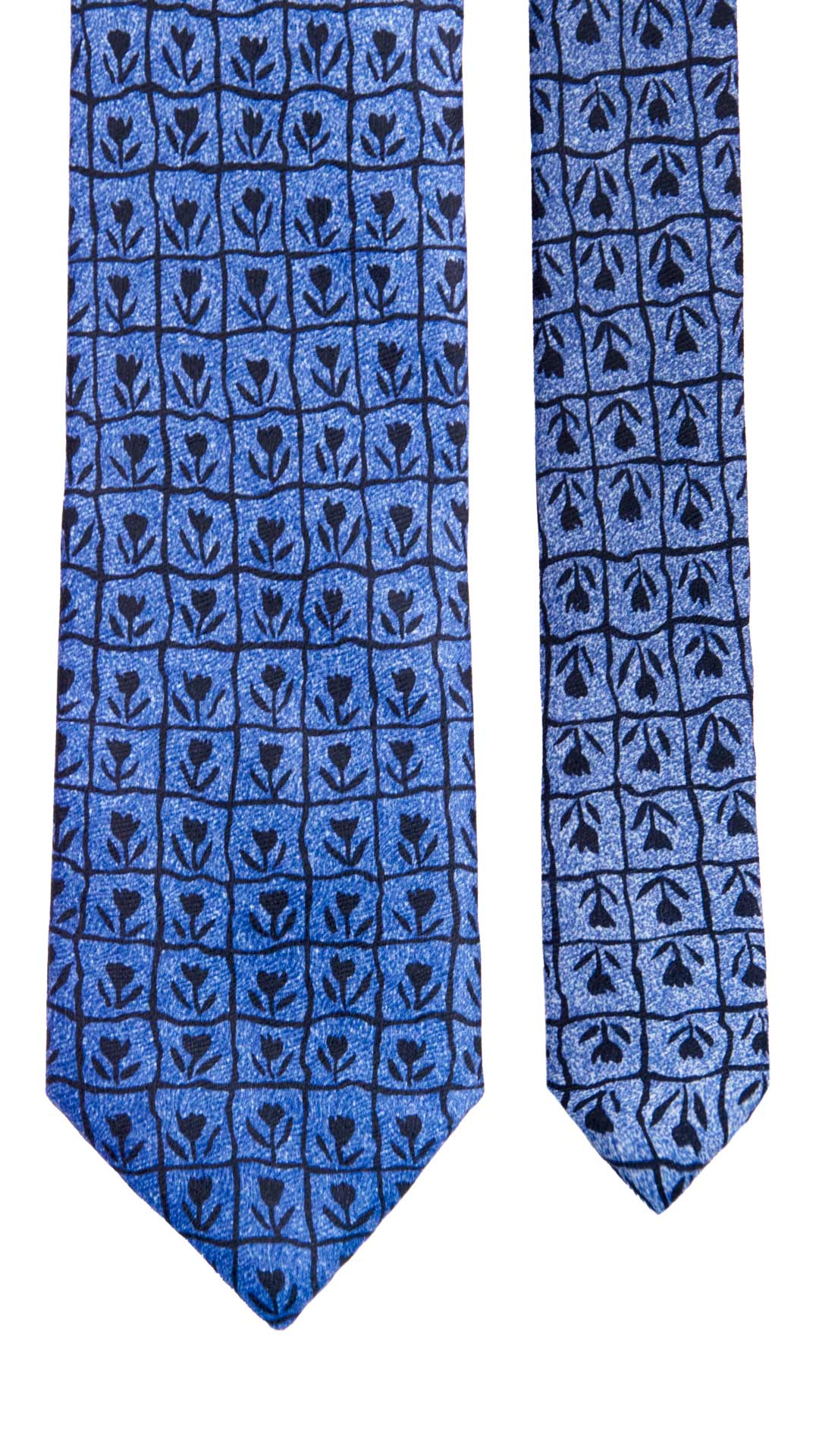 Cravatta Vintage di Seta Jacquard Bluette a Fiori Neri CV1222 Made in Italy Graffeo Cravatte Pala