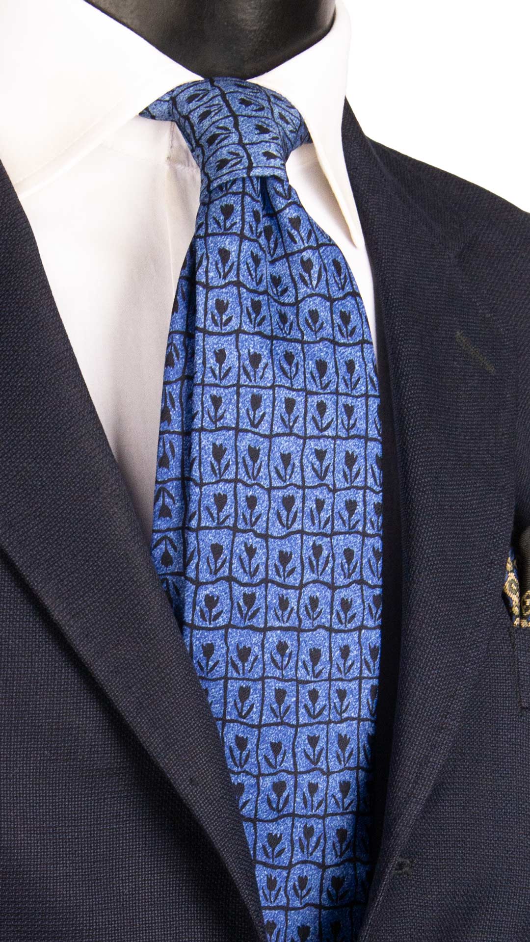 Cravatta Vintage di Seta Jacquard Bluette a Fiori Neri CV1222 Made in Italy Graffeo Cravatte