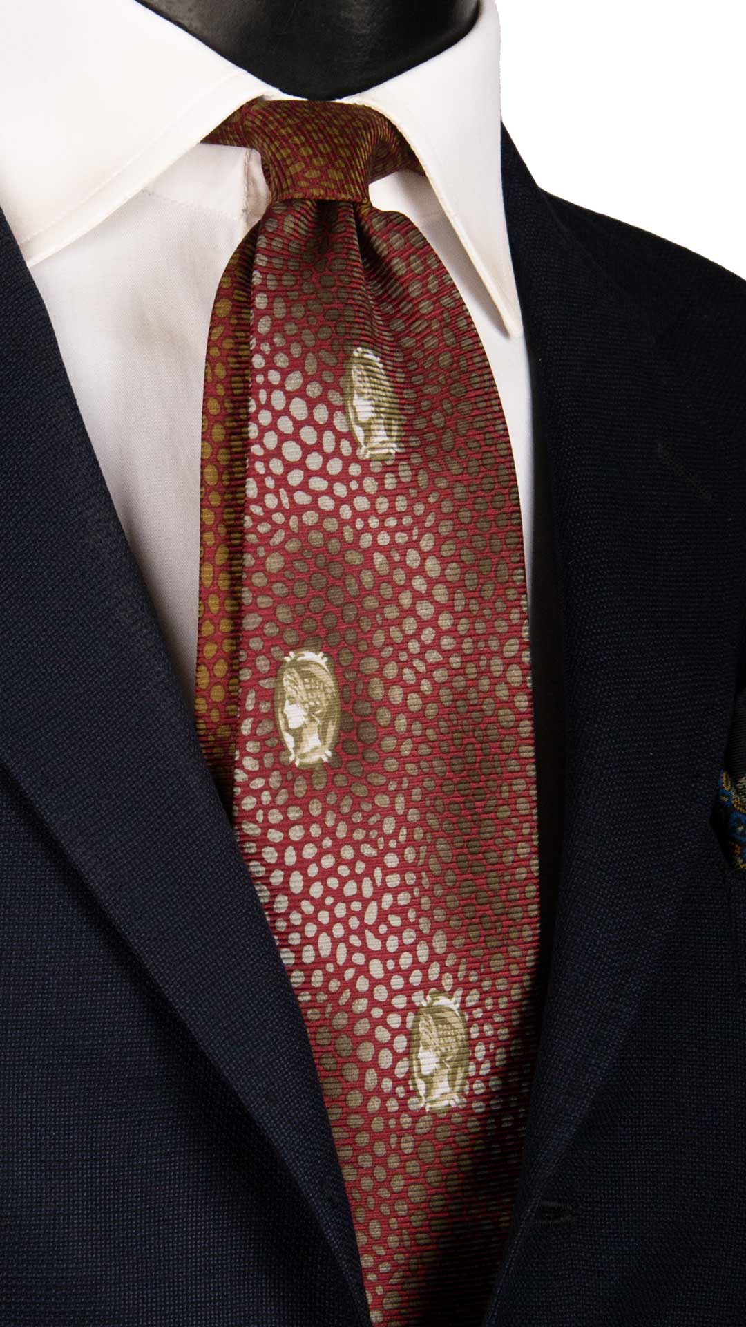 Cravatta Vintage di Seta Jacquard Bordeaux Fantasia Marrone Grigia a Medaglioni Verdi CV950 Made in Italy Graffeo Cravatte