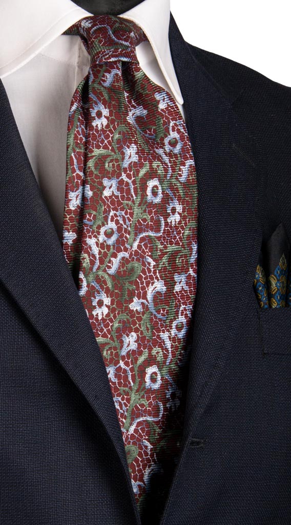 Cravatta Vintage di Seta Jacquard Bordeaux Fantasia Verde Azzurro Made in italy Graffeo Cravatte