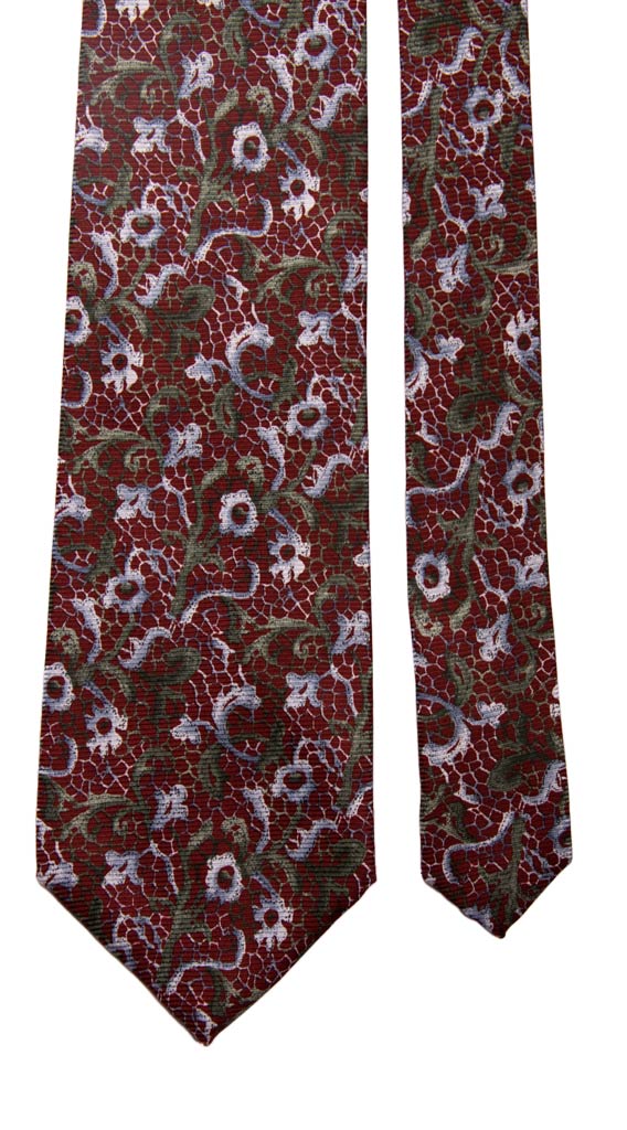 Cravatta Vintage di Seta Jacquard Bordeaux Fantasia Verde Azzurro Made in Italy Graffeo Cravatte Pala