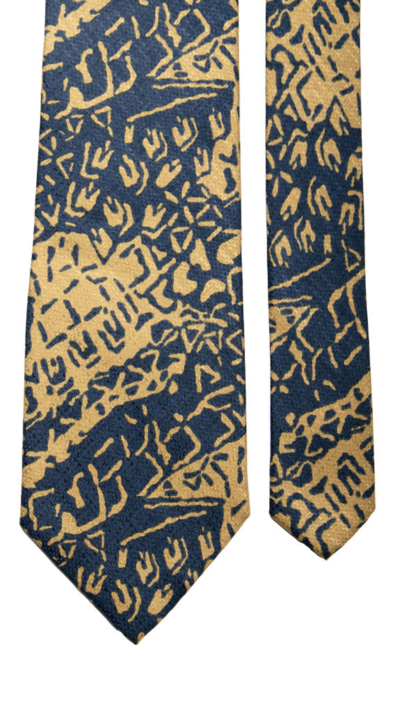 Cravatta Vintage di Seta Jacquard Fantasia Blu Navy Giallo Sabbia Made in Italy Graffeo Cravatte Pala