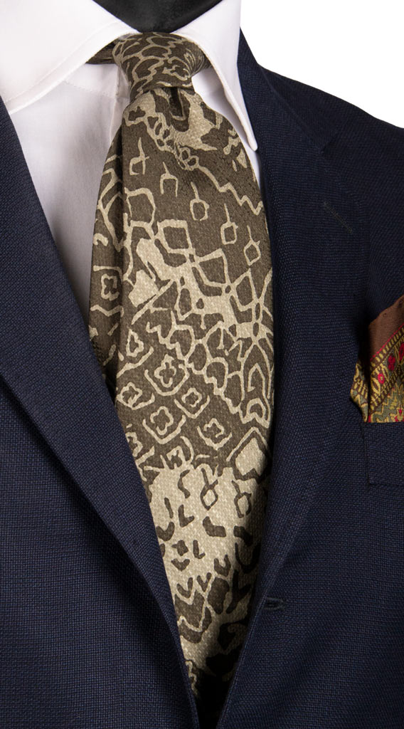 Cravatta Vintage di Seta Jacquard Fantasia Verde Sabbia Verde Militare Made in Italy Graffeo Cravatte