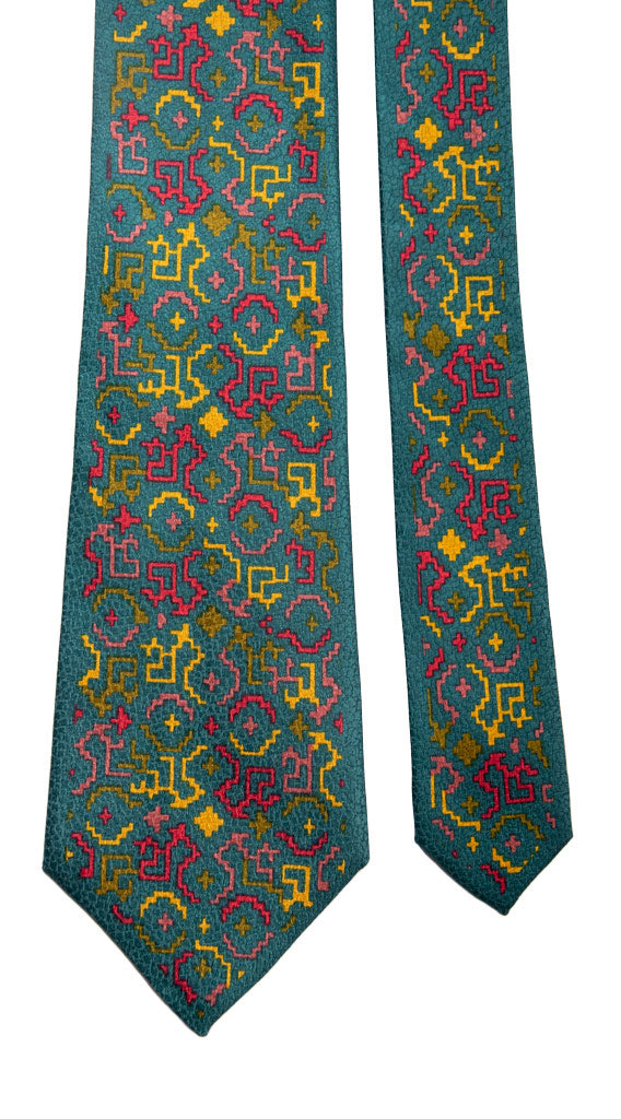 Cravatta Vintage di Seta Jacquard Verde Acqua Fantasia Multicolor Made in Italy Graffeo Cravatte Pala