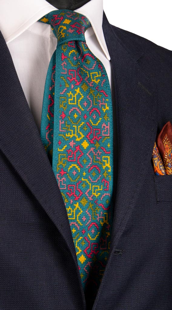 Cravatta Vintage di Seta Jacquard Verde Acqua Fantasia Multicolor Made in Italy Graffeo Cravatte