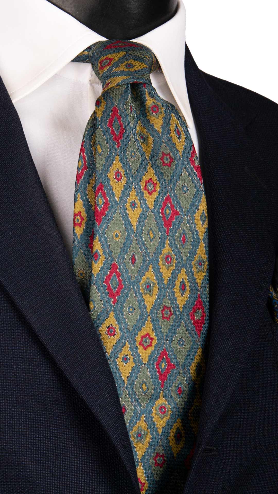 Cravatta Vintage di Seta Jacquard Verde Acqua Fantasia Multicolor CV941 Made in Italy Graffeo Cravatte