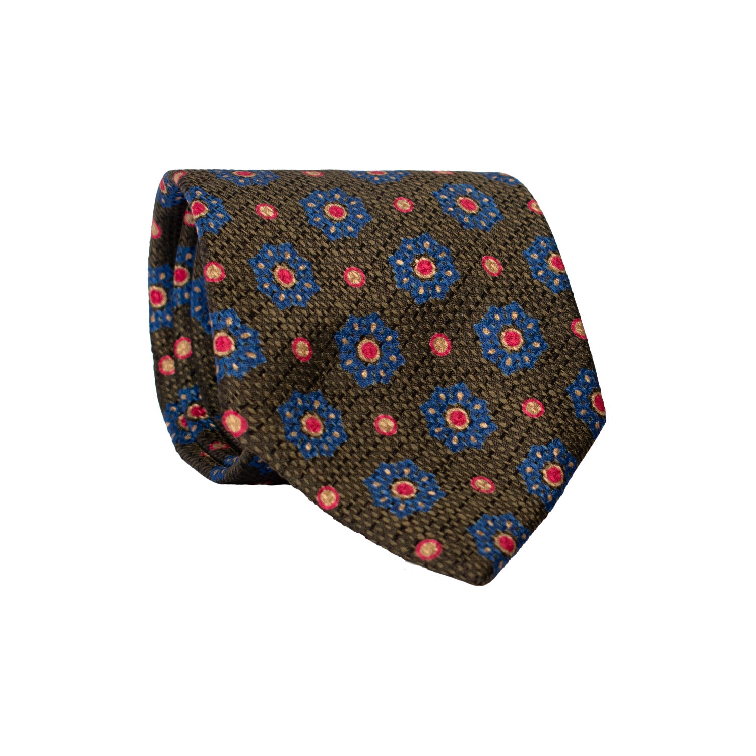 Cravatta Vintage di Seta Jacquard Verde Bottiglia Fantasia Magenta Blu Beige CV806 Rotolo