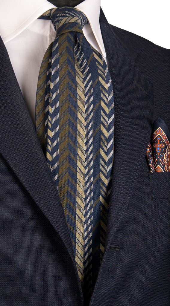 Cravatta Vintage di Seta Jacquard Verde Fantasia Beige Blu Made in Italy Graffeo Cravatte