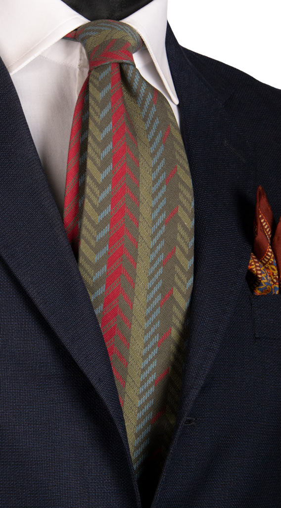 Cravatta Vintage di Seta Jacquard Verde Fantasia Celeste Verde Rossa Made in Italy Graffeo Cravatte