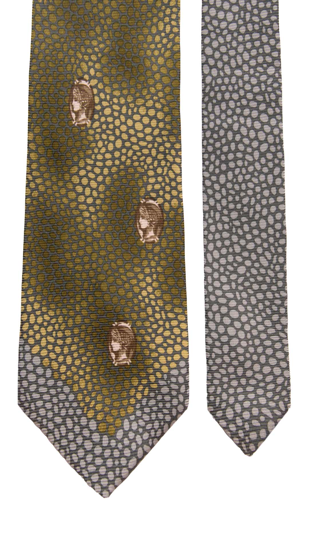 Cravatta Vintage di Seta Jacquard Verde Fantasia Grigio a Medaglioni Marroni CV949 Made in Italy Graffeo Cravatte Pala