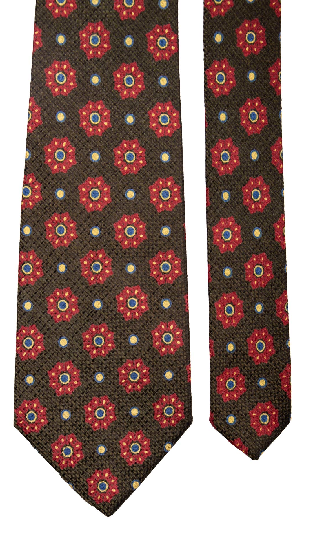 Cravatta Vintage di Seta Jacquard Verde Oliva Fantasia Magenta Blu Giallo CV805 pala