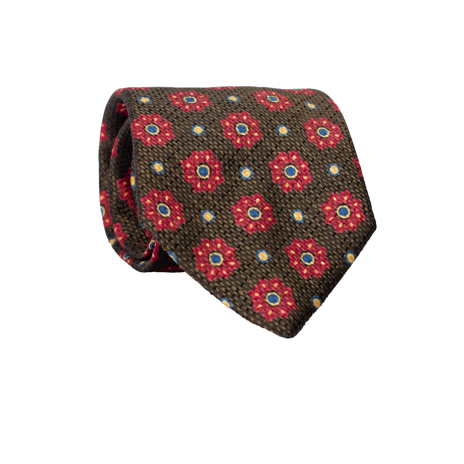 Cravatta Vintage di Seta Jacquard Verde Oliva Fantasia Magenta Blu Giallo CV805 rotolo