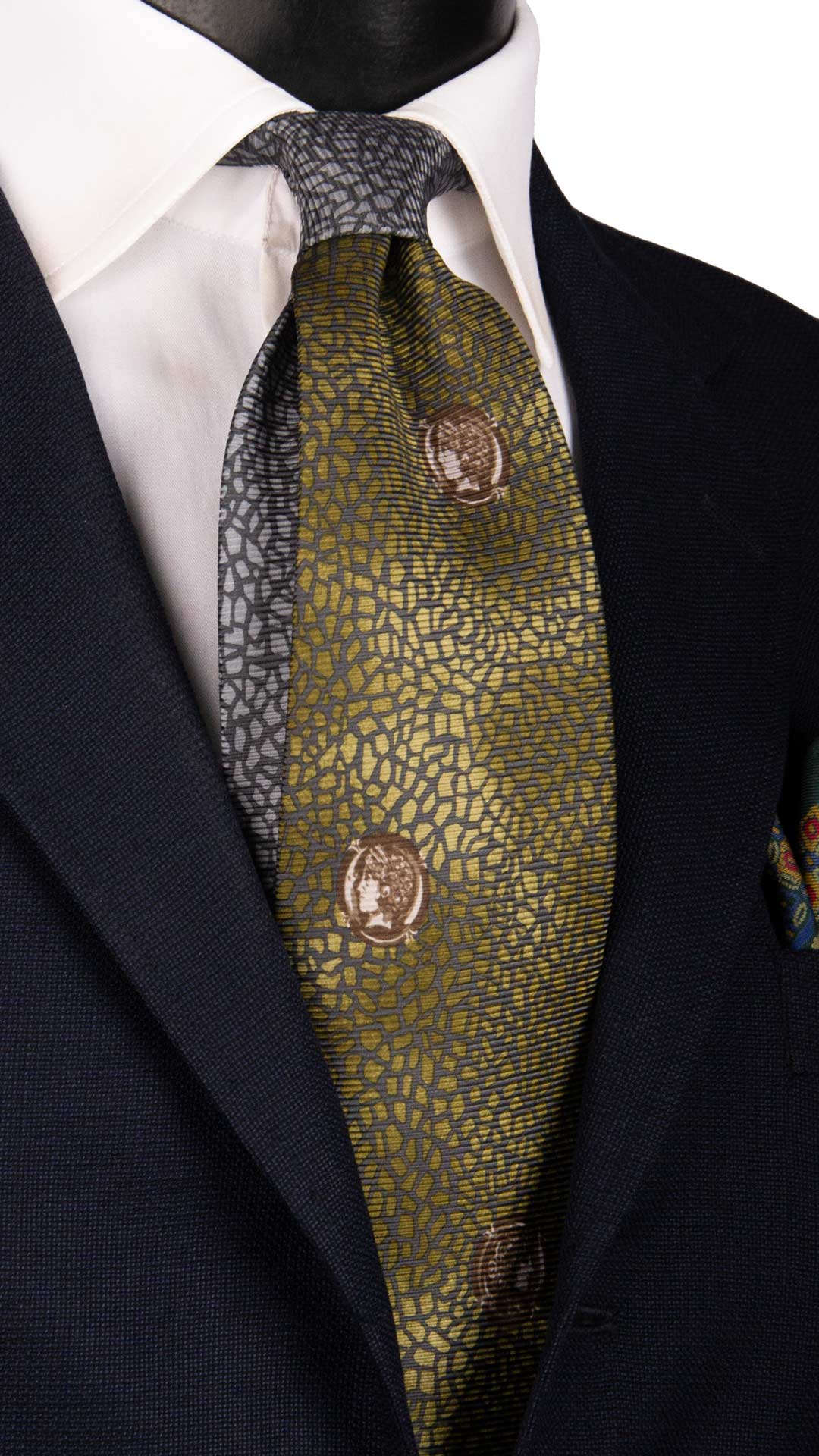 Cravatta Vintage di Seta Jacquard Verde Oliva Fantasia Multicolor Nodo in Contrasto CV906 Made in Italy Graffeo Cravatte