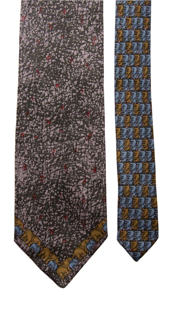 Cravatta Vintage di Seta Jacquard Verde Fantasia Multicolor Con Animali Nodo in Contrasto Made in Italy Graffeo Cravatte Pala