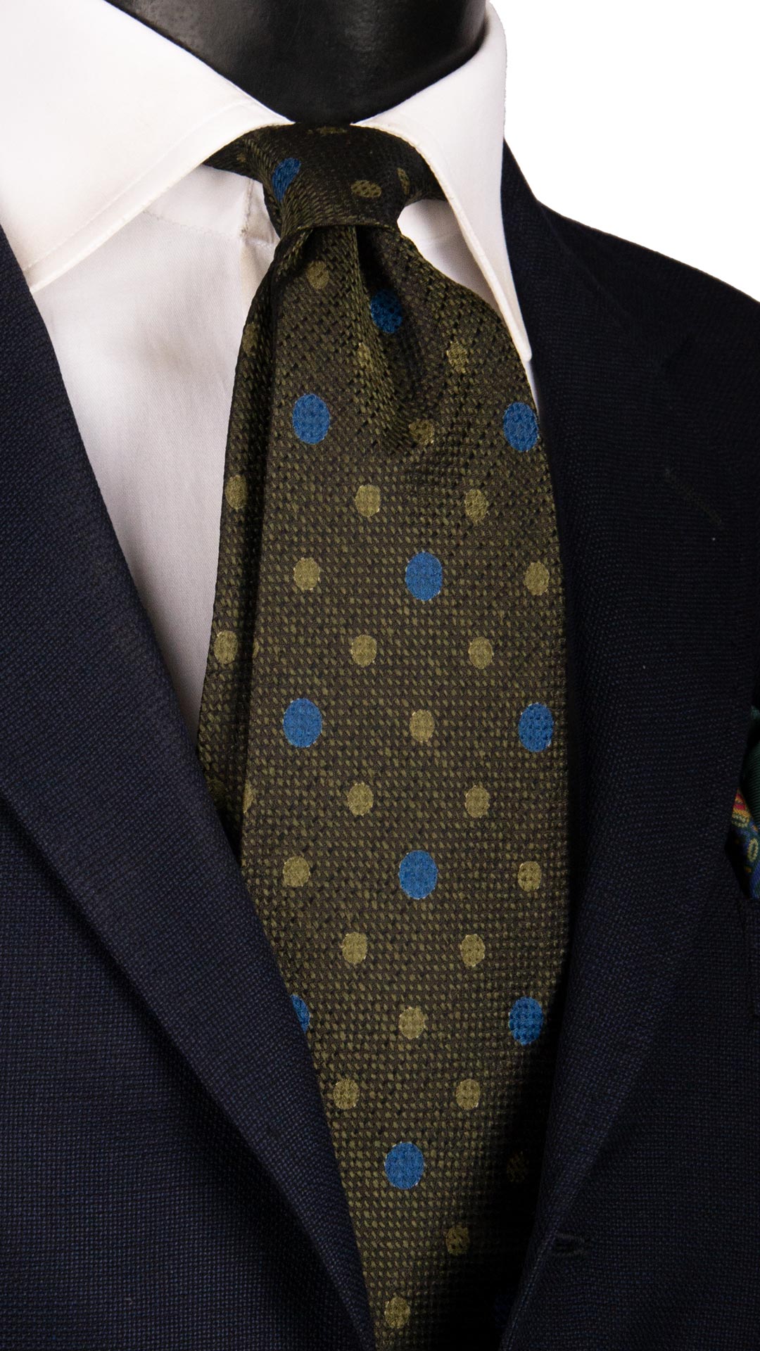 Cravatta Vintage di Seta Jacquard Verde a Pois Blu Verde Oliva CV1123 Made in Italy Graffeo Cravatte