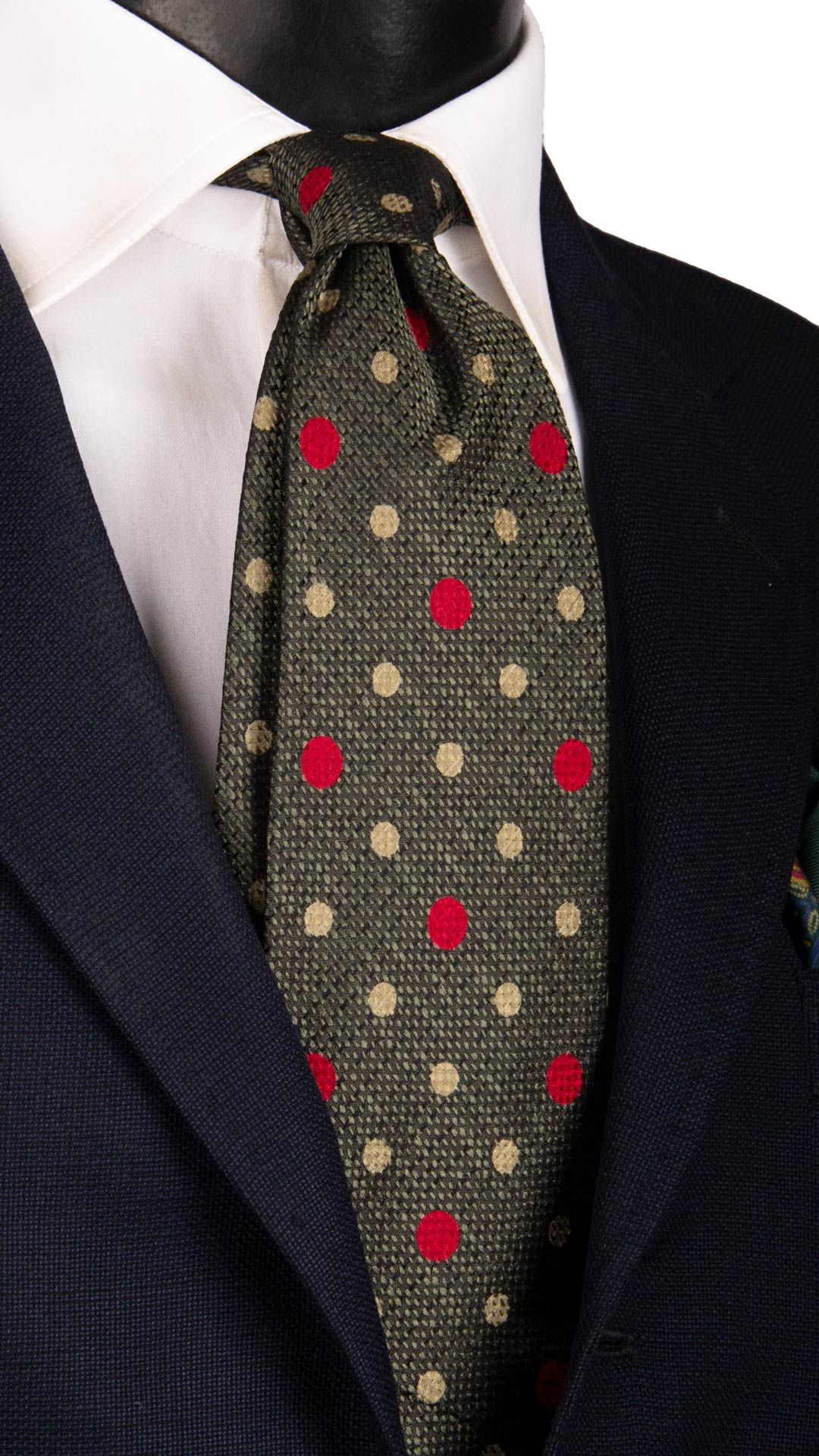 Cravatta Vintage di Seta Jacquard Verde a Pois Rosso Giallo Oro CV1121 Made in Italy Graffeo Cravatte