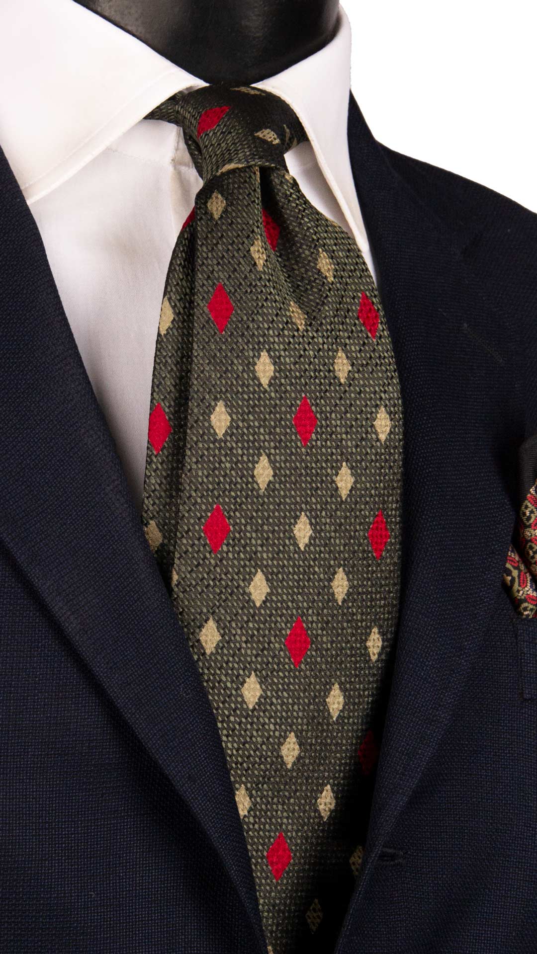 Cravatta Vintage di Seta Jacquard Verde a Rombi Color Corda Rosso CV1139 Made in Italy Graffeo Cravatte
