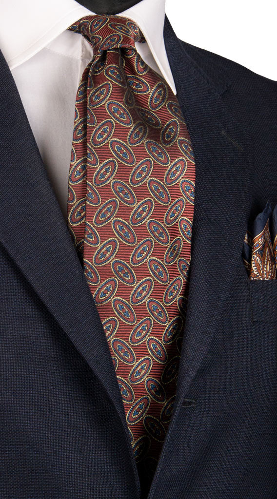Cravatta Vintage di Seta Rosso Fragola Fantasia Beige Blu Avio Made in Italy Graffeo Cravatte