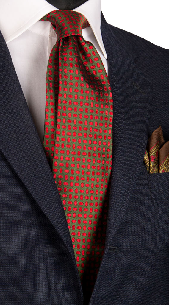 Cravatta Vintage di Seta Verde Bottiglia Fantasia Rosso Made in Italy Graffeo Cravatte