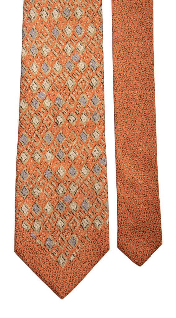 Cravatta Vintage di Seta Jacquard Arancione Fantasia Blu Avio Verde Salvia Nodo in Contrasto Made in Italy Graffeo Cravatte Pala
