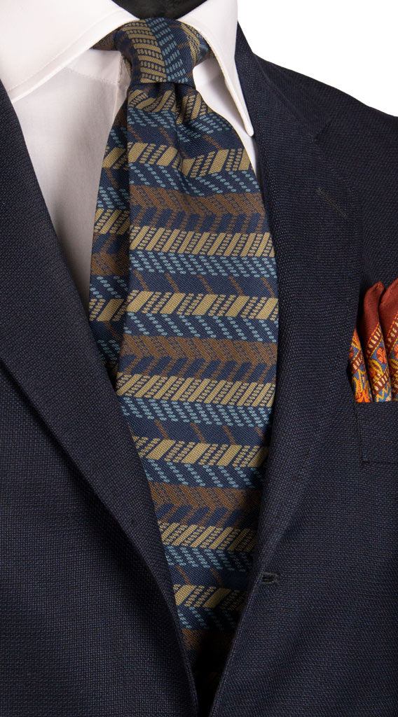 Cravatta Vintage di Seta Jacquard Blu Fantasia Marrone Beige Azzurro Made in Italy Graffeo Cravatte