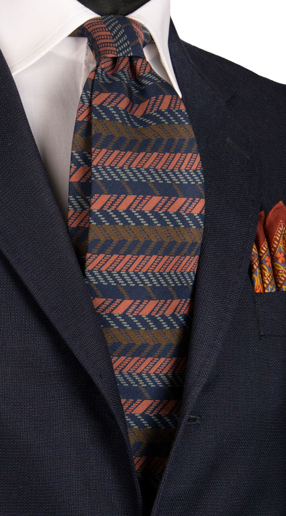 Cravatta Vintage di Seta Jacquard Blu Fantasia Marrone Grigio Rosa Antico Made in Italy Graffeo Cravatte