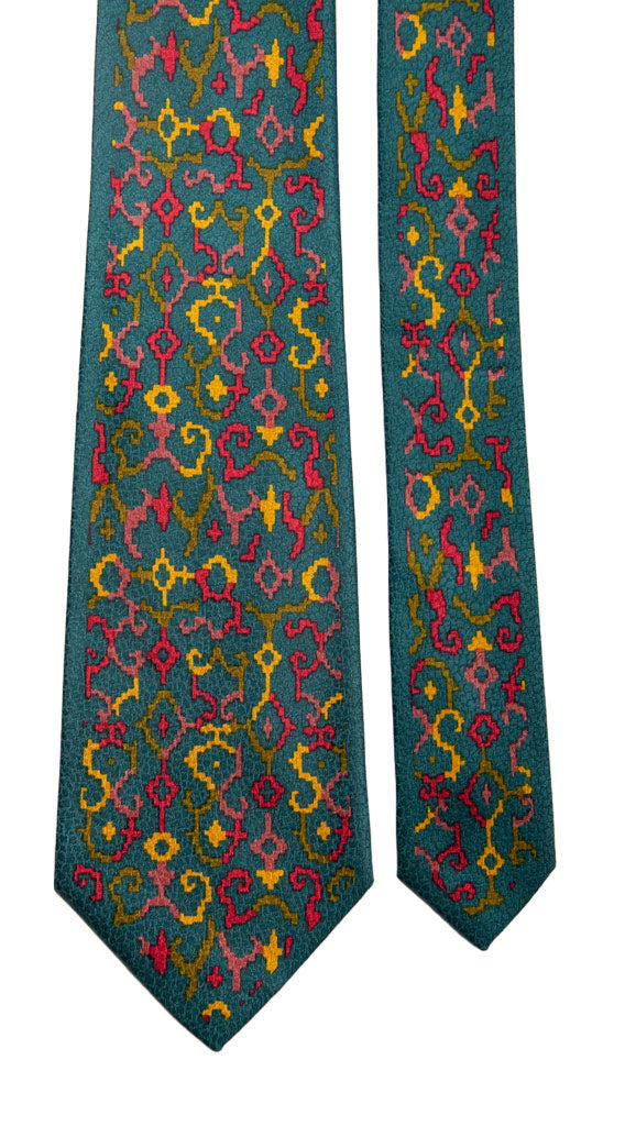 Cravatta Vintage di Seta Jacquard Verde Acqua Fantasia Multicolor Made in Italy Graffeo Cravatte Pala