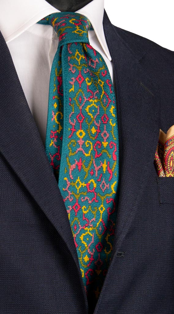 Cravatta Vintage di Seta Jacquard Verde Acqua Fantasia Multicolor Made in Italy Graffeo Cravatte