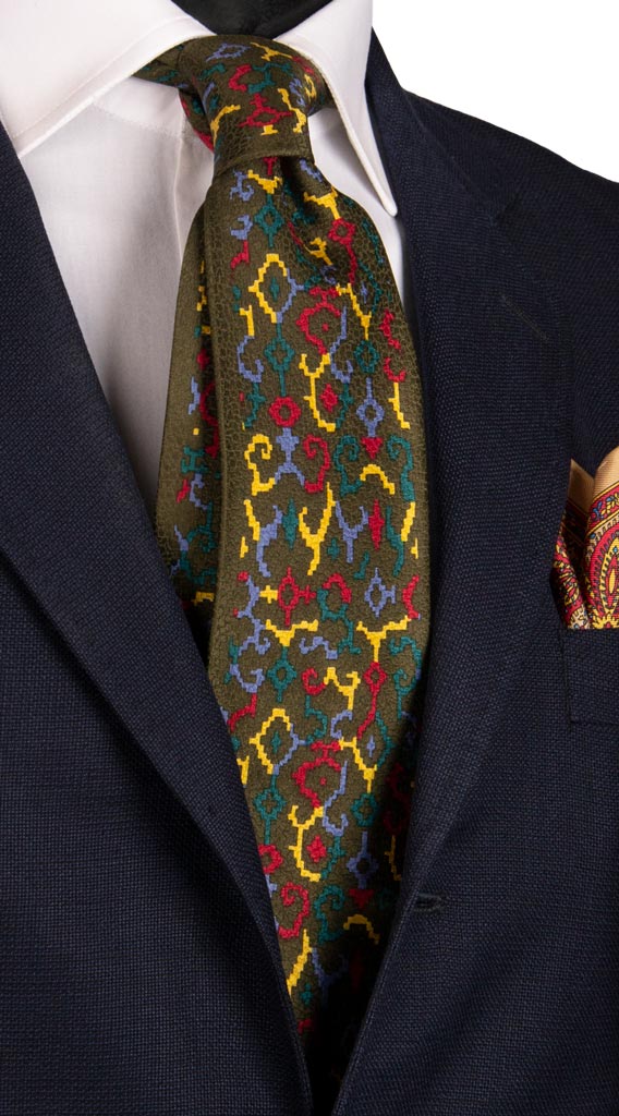 Cravatta Vintage di Seta Jacquard Verde Fantasia Multicolor Made in Italy Graffeo Cravatte