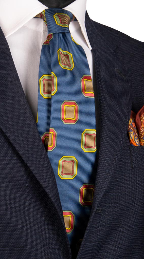 Cravatta Vintage in Saia di Seta Blu Avio Fantasia Multicolor Made in Italy Graffeo Cravatte
