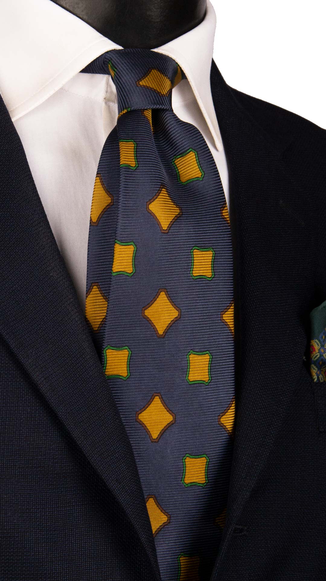 Cravatta Vintage in Saia di Seta Blu Fantasia Senape Verde Marrone CV1058 Made in Italy Graffeo Cravatte