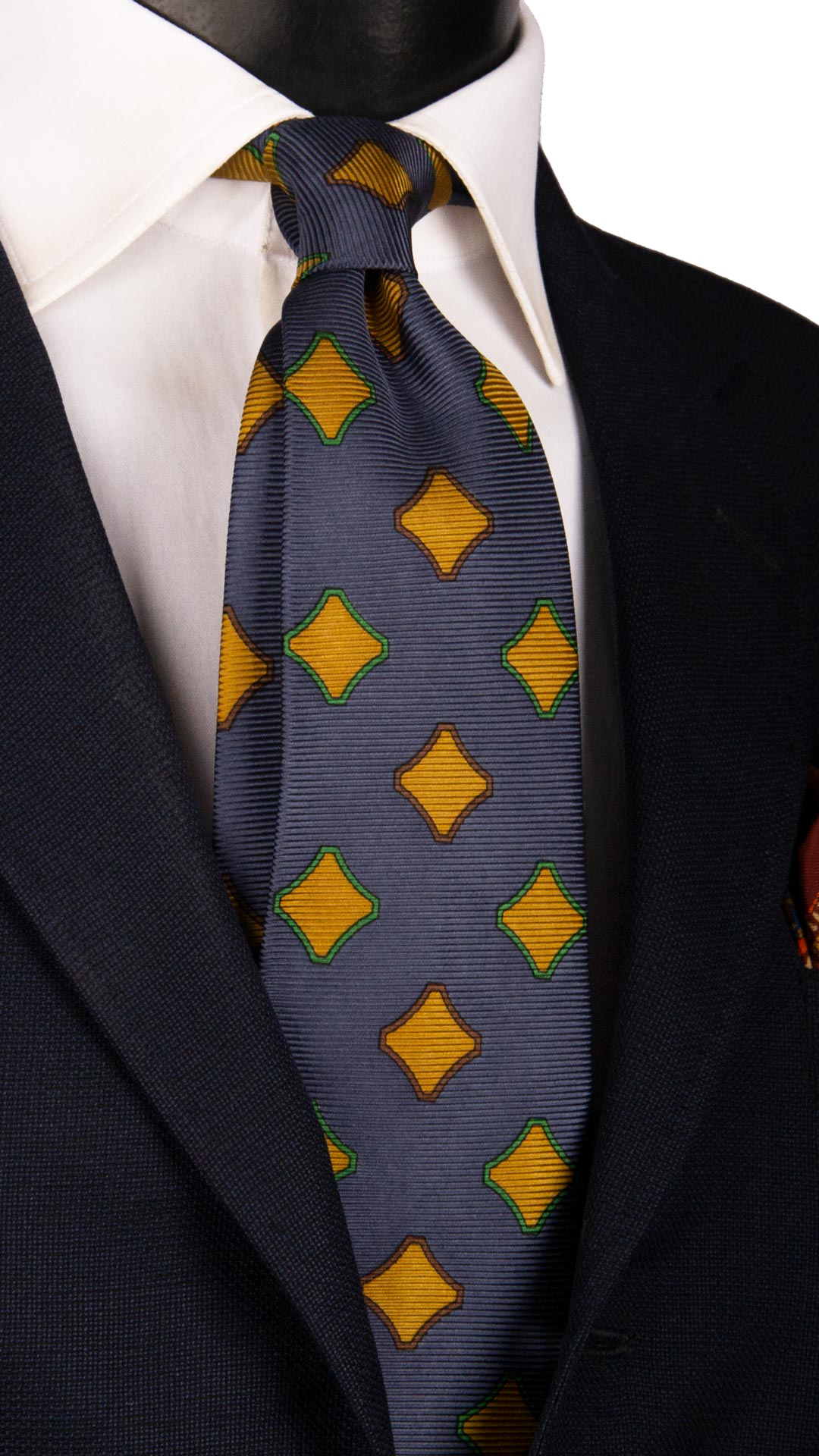 Cravatta Vintage in Saia di Seta Blu Fantasia Senape Verde Marrone CV1068 Made in Italy Graffeo Cravatte