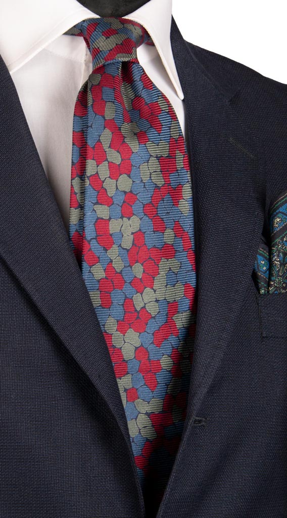 Cravatta Vintage in Saia di Seta Blu Fantasia Verde Bordeaux Made in Italy Graffeo Cravatte