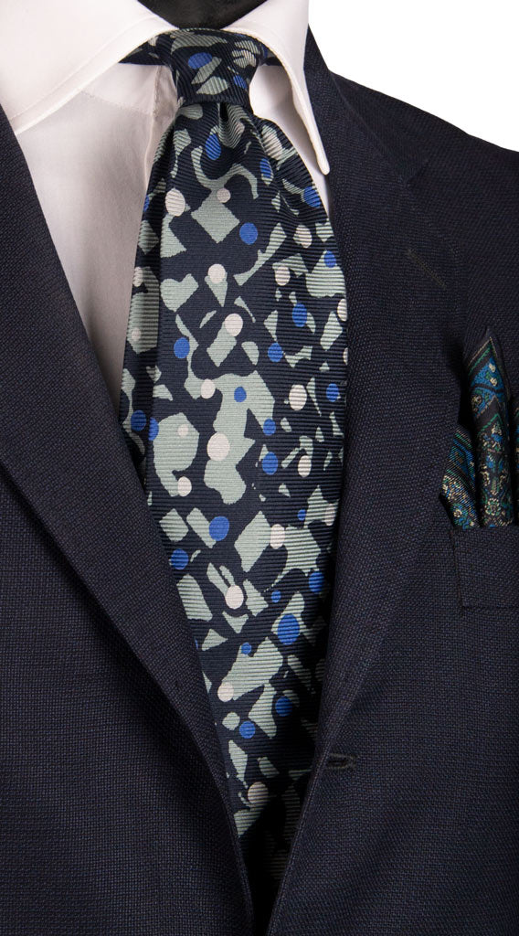 Cravatta Vintage in Saia di Seta Blu Fantasia Verde Salvia Bluette Made in Italy Graffeo Cravatte