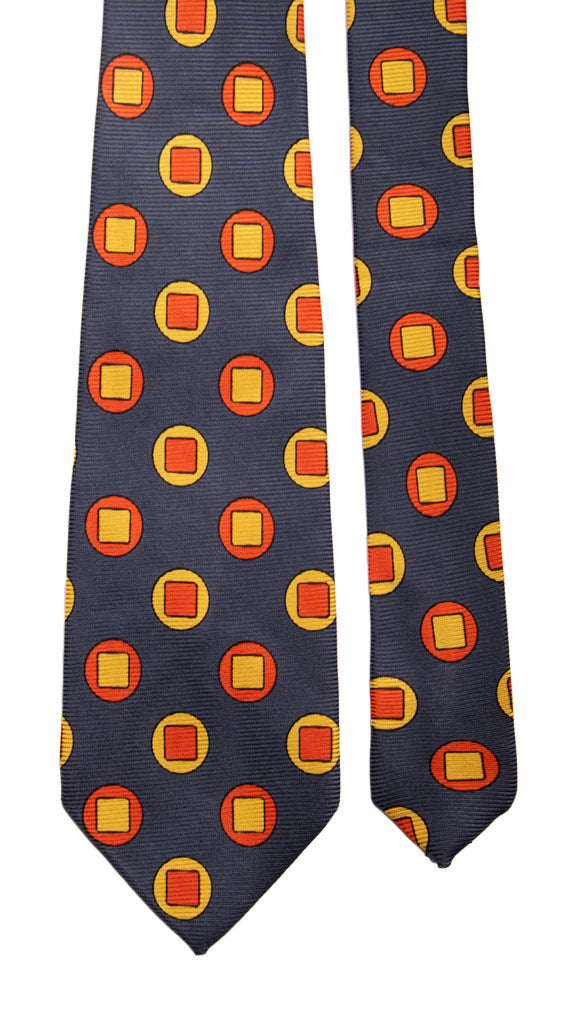 Cravatta Vintage in Saia di Seta Blu Pavone Fantasia Arancione Senape Made in italy Graffeo Cravatte