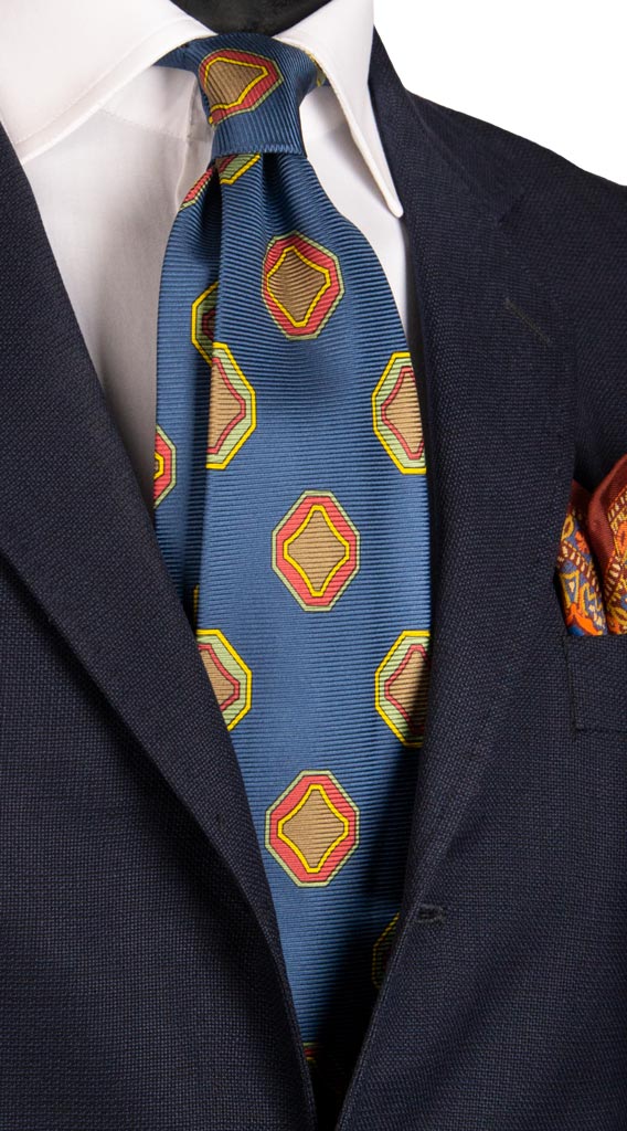 Cravatta Vintage in Saia di Seta Blu Pavone Fantasia Multicolor Made in Italy Graffeo Cravatte